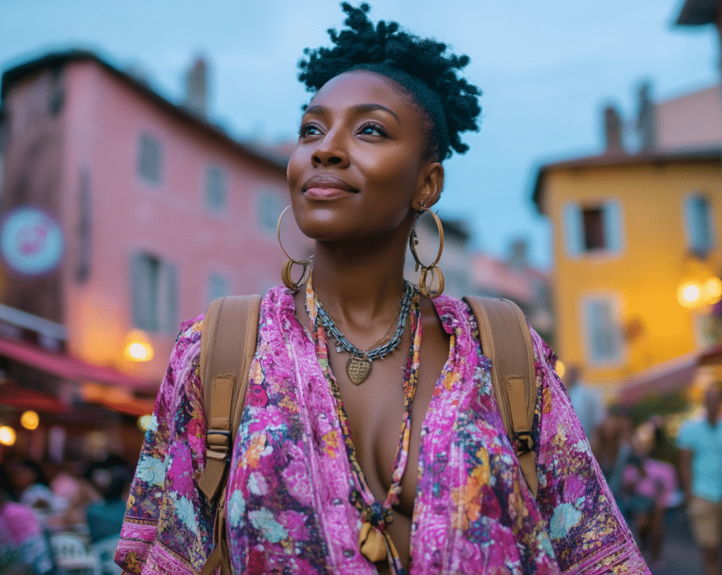 A woman glancing pass the camera as she continues on her travels in a distant country